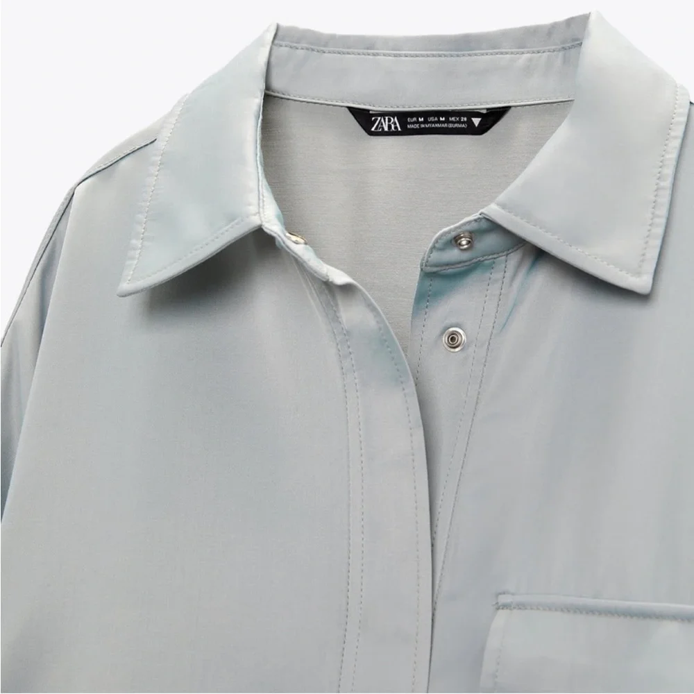 NWT Zara Oversized Satin Effect‎ Over-shirt in Sea Green Size M
